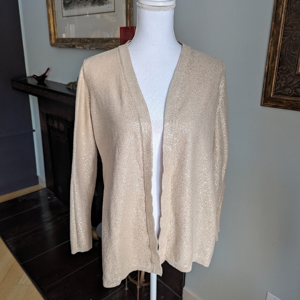 Chicos 1 Wmns Medium Sweater Beige Metallic Shimmer Gold Speckle Open Cardi 137